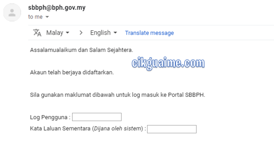 Maklumat seperti username dan password dihantar ke email