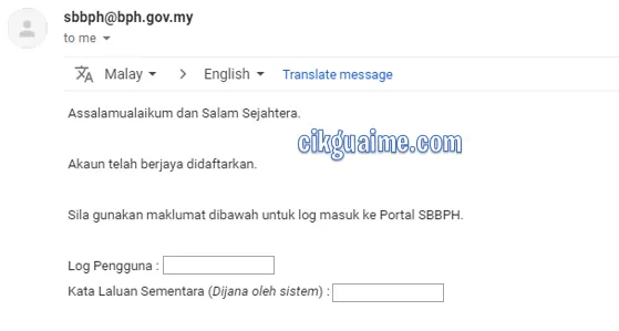 Maklumat seperti username dan password dihantar ke email