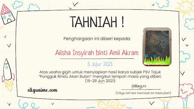 E-sijil yang boleh disediakan kepada murid. Terima kasih Cikgu Hamizah untuk gambar ini.