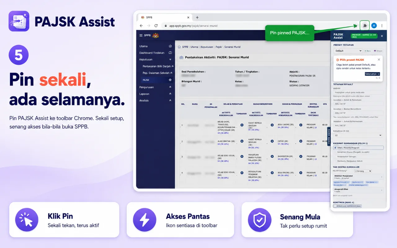 Pin ikon PAJSK Assist di toolbar Chrome untuk akses pantas