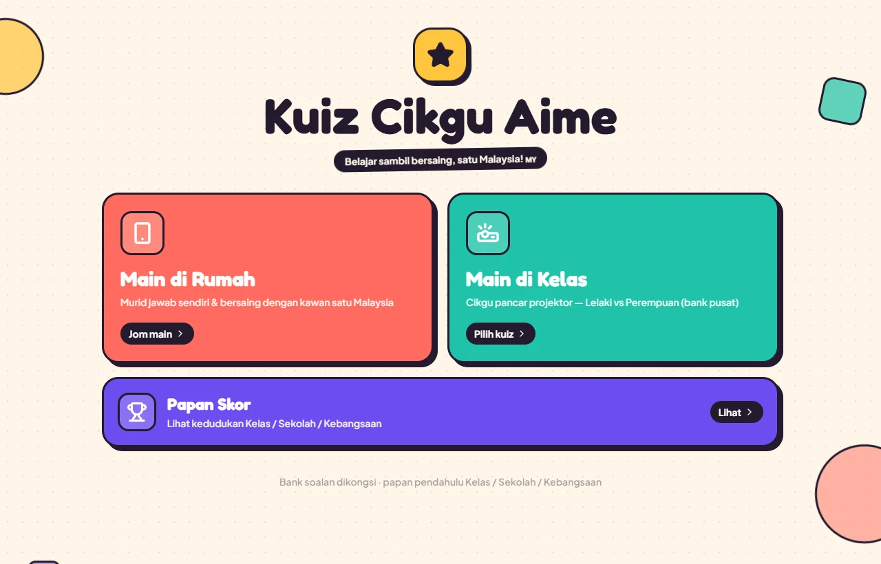 Laman utama Kuiz Cikgu Aime dengan pilihan Main di Rumah, Main di Kelas dan Papan Skor