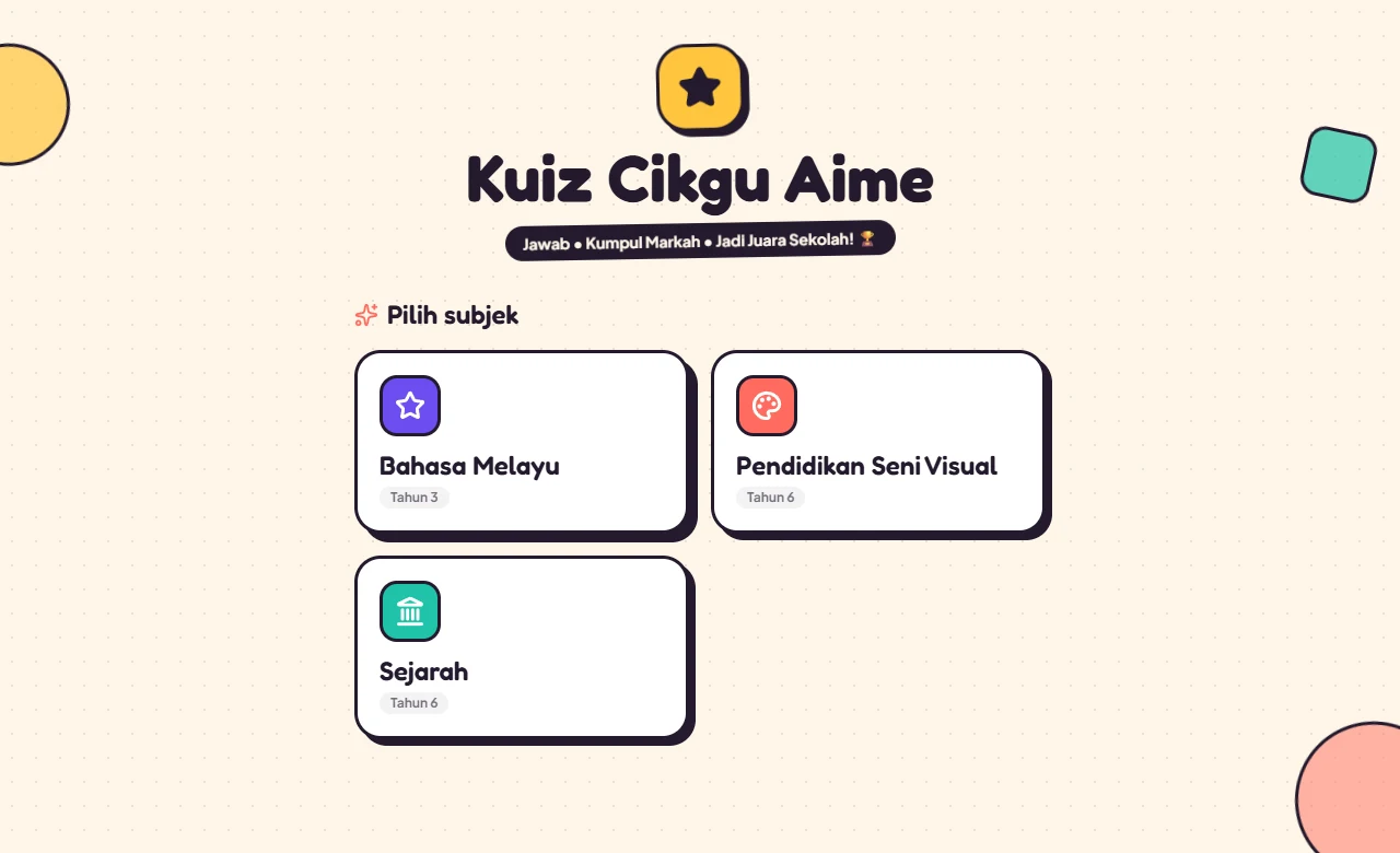 Skrin pilih subjek dalam Kuiz Cikgu Aime menunjukkan Bahasa Melayu, Pendidikan Seni Visual dan Sejarah