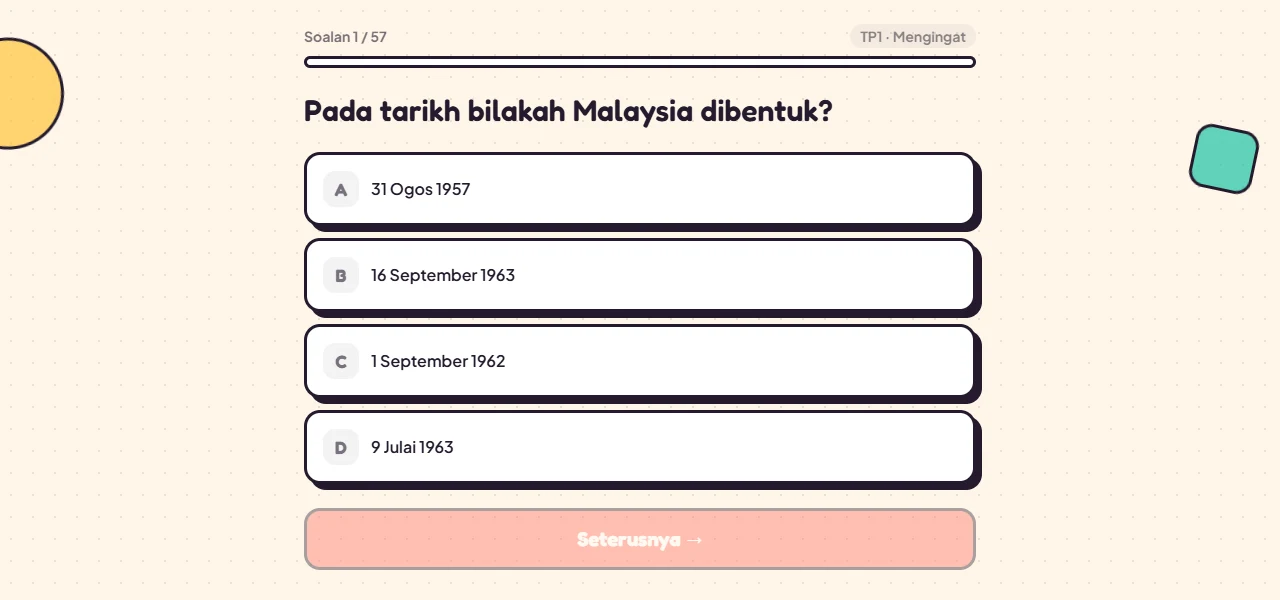 Skrin soalan Sejarah Tahun 6 dalam Kuiz Cikgu Aime dengan empat pilihan jawapan