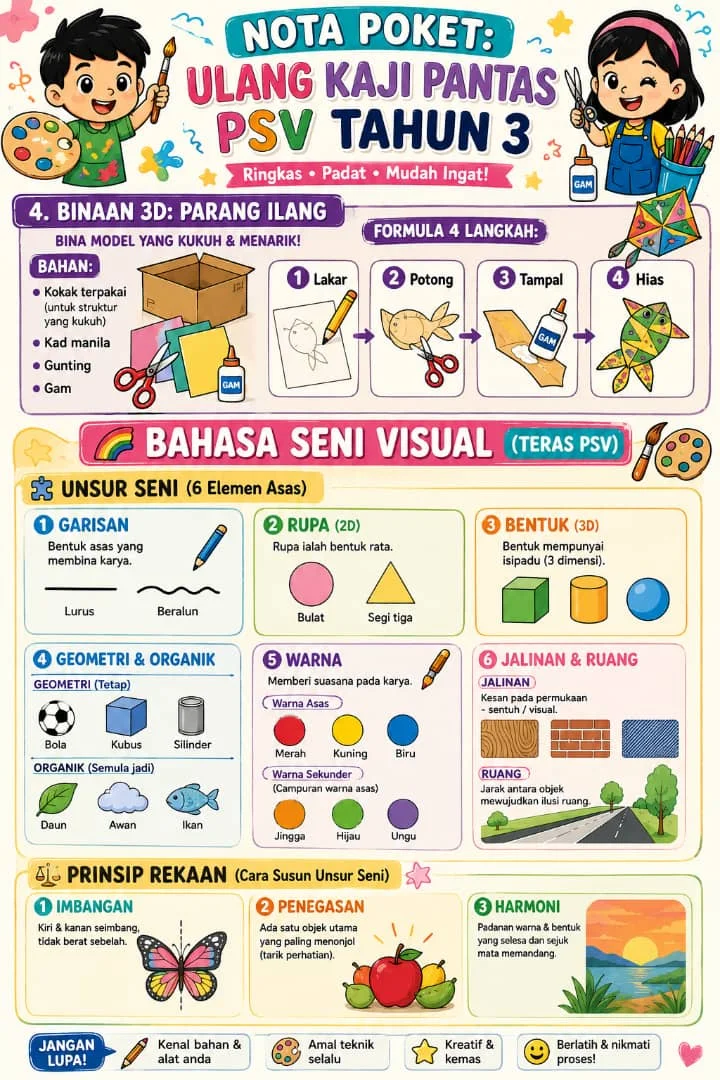 Nota PSV Tahun 3 bahagian 1 - binaan 3D parang ilang, bahasa seni visual, unsur seni 6 elemen dan prinsip rekaan