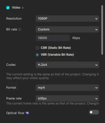 Tetapan eksport CapCut: resolusi 1080P, bit rate custom 15000 Kbps, codec H.264, format mp4, frame rate 60fps