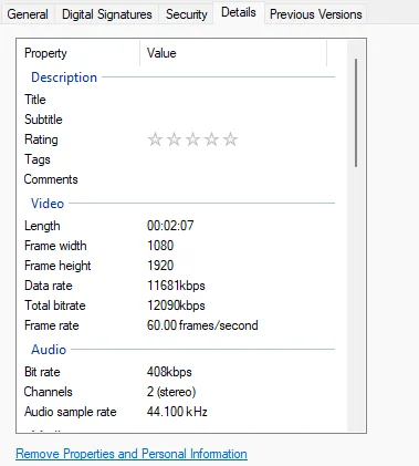 Tab Details fail video pada Windows menunjukkan 1080 x 1920, data rate 11681kbps, total bitrate 12090kbps, frame rate 60 frames per second