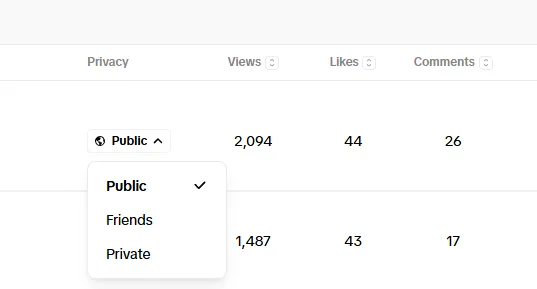 Senarai video TikTok dengan menu Privacy terbuka menunjukkan pilihan Public, Friends dan Private